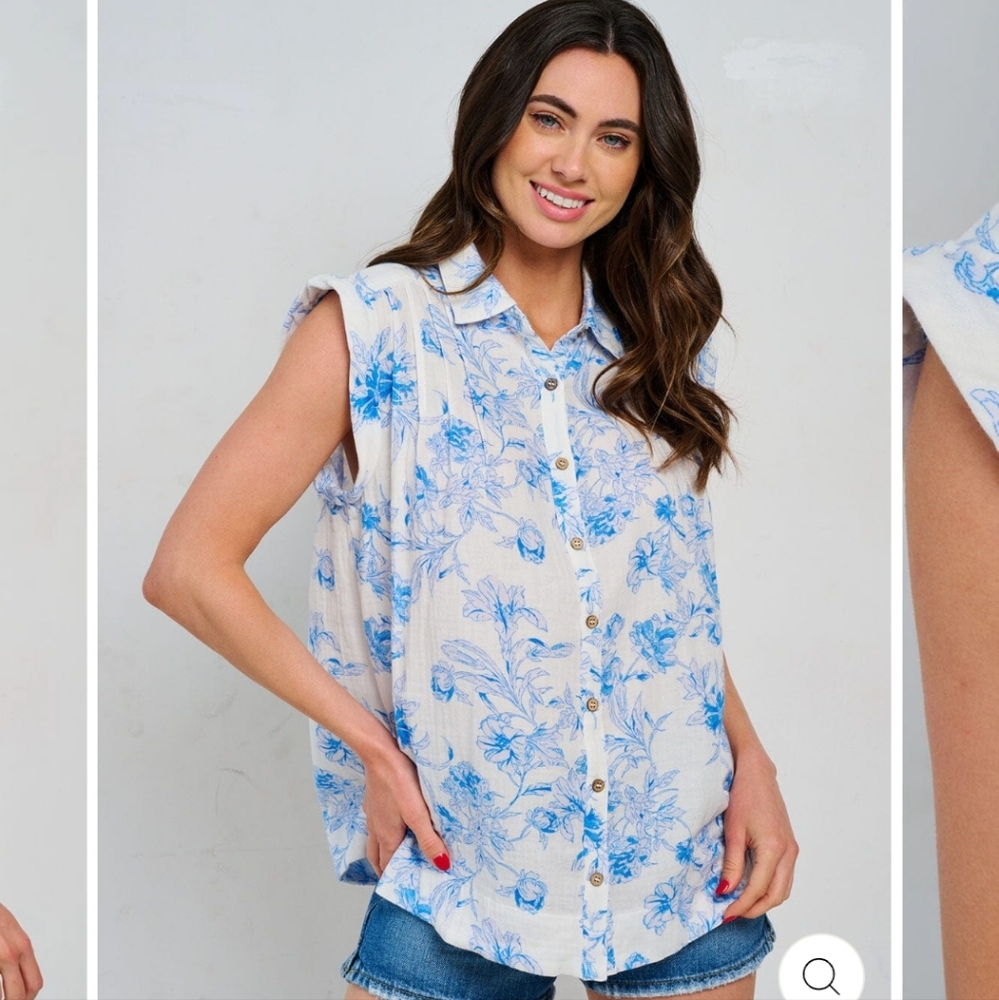 #120 Floral Blue and White Sleeveless Top 100%Cotton